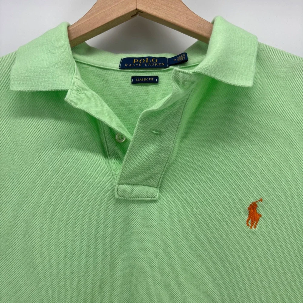 Polo Ralph Lauren Polo Shirt Mens M Green Classic Fit Short Sleeve Orange Pony